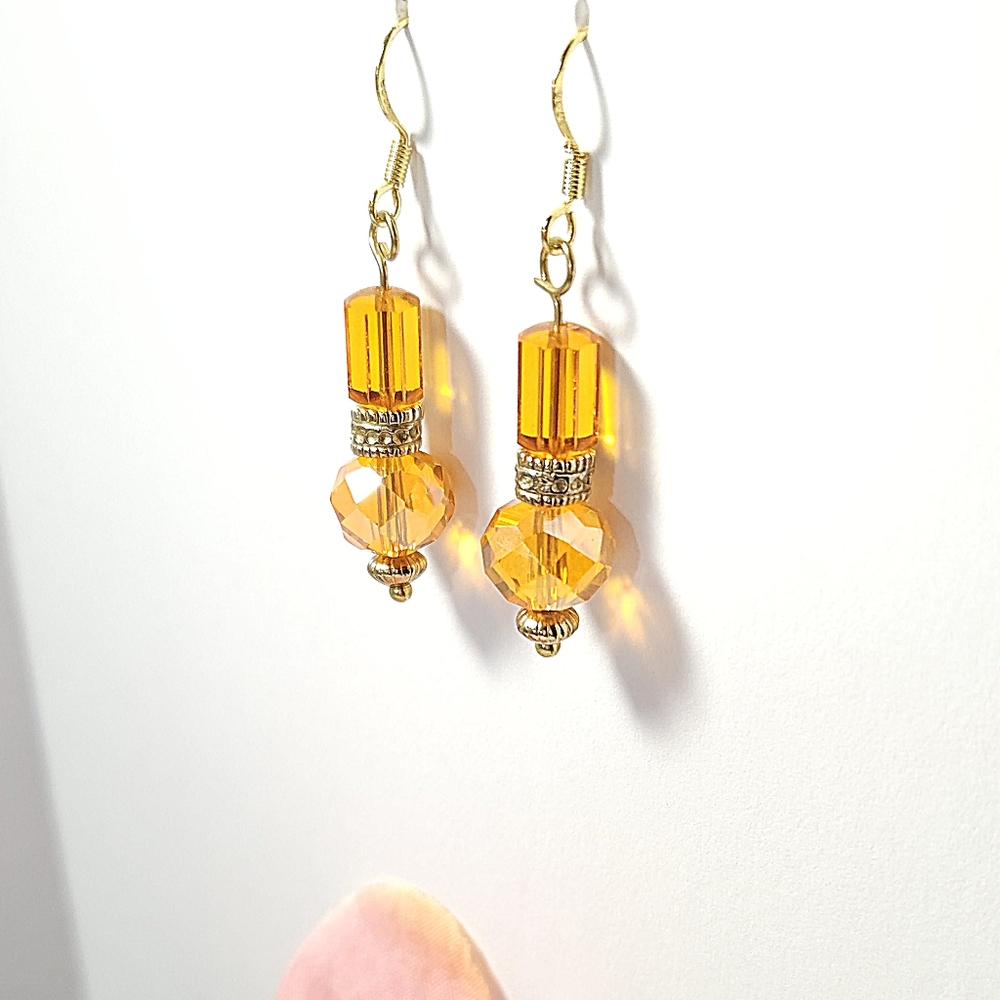 Handmade Orange Auroa Borealis Crystal Dangle Earrings 18K Gold Over Sterling